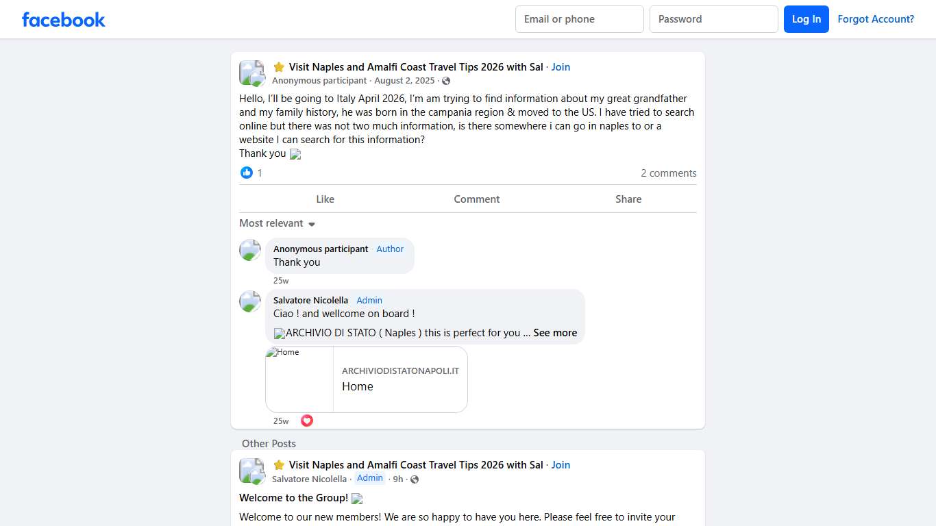 ⭐ Visit Naples and Amalfi Coast Travel Tips 2026 with Sal Hello, I’ll be going to Italy April 2026, I’m am trying to find information about my great grandfather and my family history, he was born in the c... Facebook